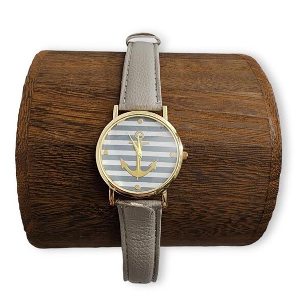 Gold/Grey Striped Anchor Leather Watch - Picture 1 of 9